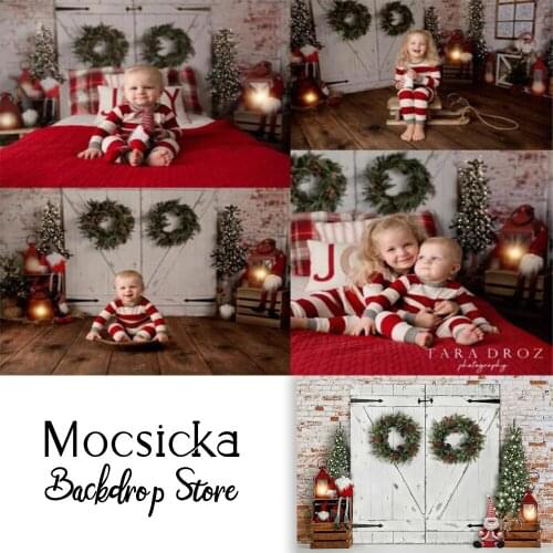 Photography Christmas White Door Backdrop Rustic Brick Wall Newborn Kids Birthday Portrait Photo Background Photocall Vinyl