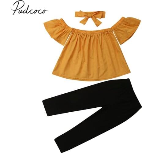 2019 Brand New 2-7 Infant Baby Girls Summer Clothes Sets Short Sleeve Off Shoulder Solid T-Shirts + Black Pants Headband Fashion