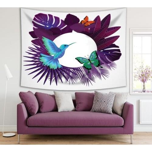 Tapestry Tropical Leaves Butterflies Colibri Bird Floral Design Colorful Artwork Printed Green Purple White