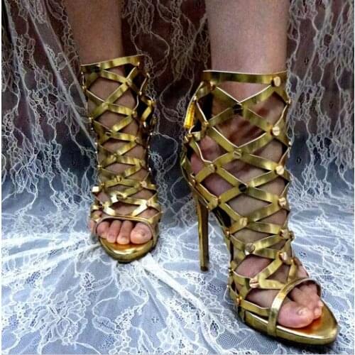 Summer Fashion Woman Cut-outs Solid Gold Color Patent Leather Zipper Dress Sandals Stylish Punk Style Rivets Peep Toe Design