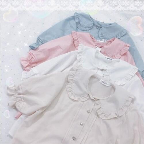 2019 Summer Cute Womens Lolita Shirt Peter Pan Collar Puffy Sleeve Short Sleeve Blouse Tops Girls 4 Colors