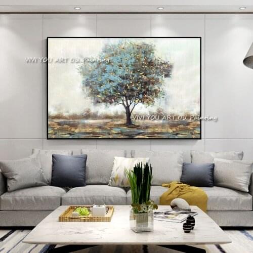 The Best 100%Handmade Green Tree Original Abstract Modern Thick Oil Painting Handpainted Textured Wall Art For Home Gold Decors