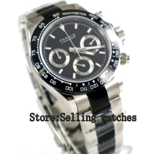Parnis 39mm Black Dial ceramic Bezel Chronograph Sapphire Glass Quartz movement mens Watch