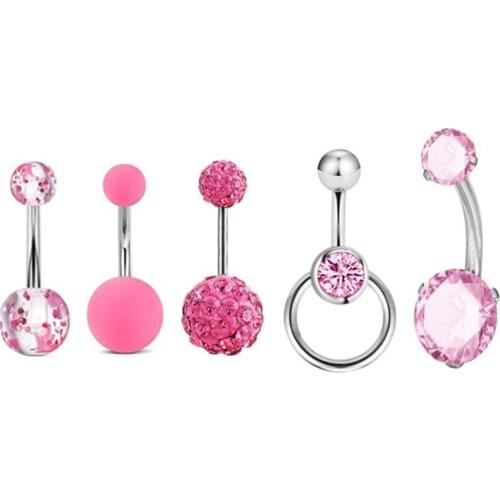 5pcs Women Sexy Stainless Steel Belly Button Rings Set Zircon Soft Ceramic Umbilical Body Piercing Jewelry Accessories Female