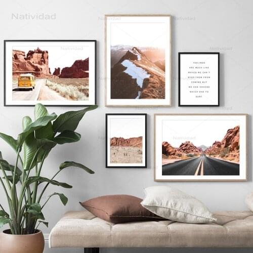 Yellow Bus Mountain Highway Quotes Landscape Wall Art Canvas Painting Nordic Posters Prints Wall Pictures for Living Room Decor
