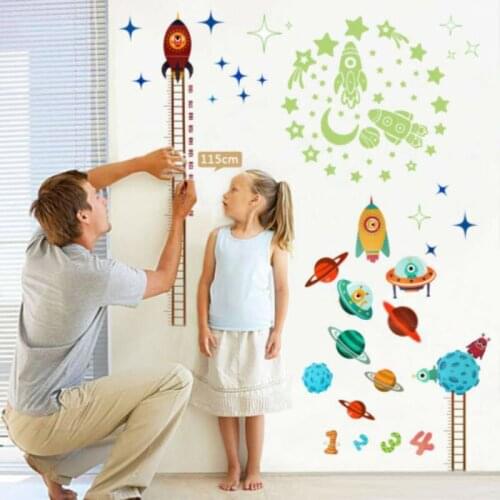 Solar System Rocket Height Measure Wall Stickers Kids Nusery Rooms Outer Space Sky Decals Growth Chart PVC Mural Decor Wall Art