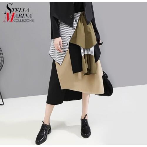 New Korean Style Woman Patchwork Asymmetrical Skirt Elastic Waist Mid Calf Length Layers Design Ladies Stylish Casual Skirt 5401