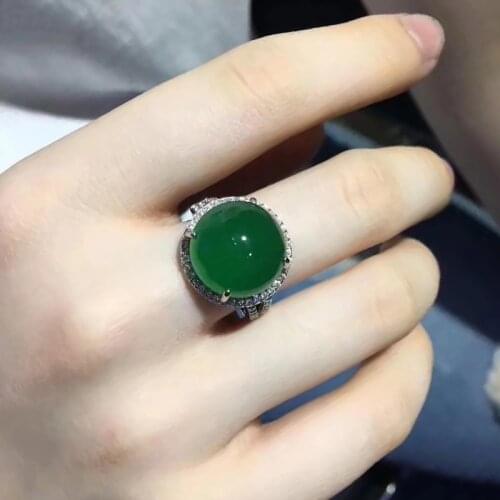 Silver inlaid full diamond natural round green chalcedony adjustable ring exquisite retro style elegant ladies jewelry