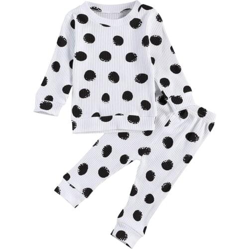 OPPERIAYA 2Pcs Newborn Ribbed autumn soft Outfit Toddler Polka Dot Pattern Long Sleeve Round Neck Pullover Tops Geometry Trouser