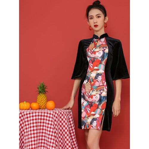 Autumn New Womens Modified Short Cheongsam Dress Daily Girl Fashion Gold Velvet Slim Cheongsam