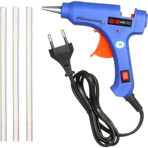 20W Hot Melt Glue Gun Hot Melt Glue Machine DIY Glue Gun with Switch Button Blue + 3Pcs 7mm Hot Melt Glue Bar