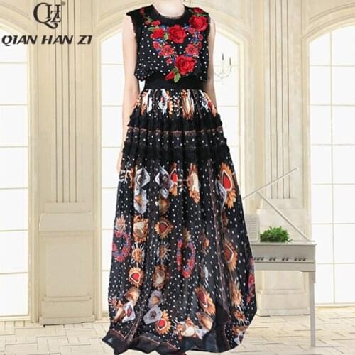 Qian Han Zi Fashion Maxi dress Womens Sleeveless Vintage Ruffled Lace Print Embroidered Applique Deluxe long Dress plus size
