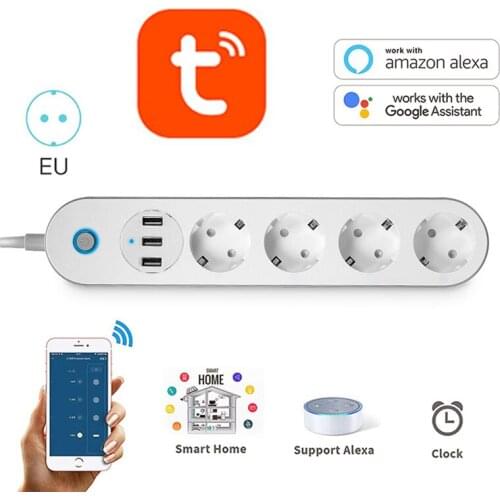 Tuya Wifi Smart Power Strip 4 EU Sockets Plug With 3 USB Recharge Port Timing App Voice Control For Alexa Google Home Assistant