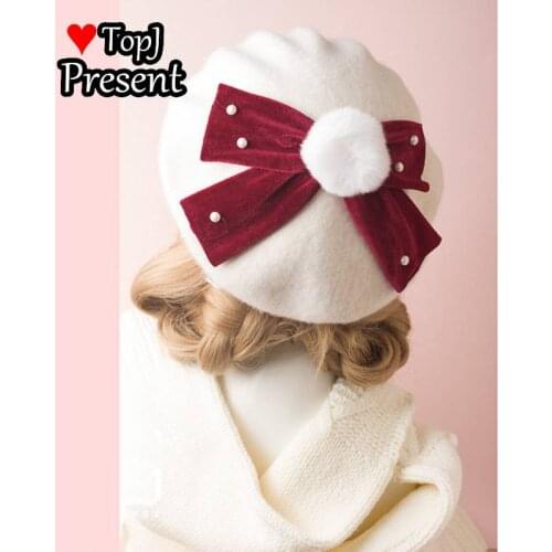 Super large velvet bow Beret pearl rabbit hair ball super sweet Japanese bud hat for women in autumn and winter
