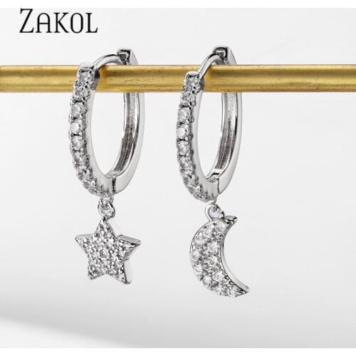 ZAKOL Fashion Shiny Cubic Zircon Gold Color Moon & Star Shape Hoop Earrings for Women Girls Cute Jewelry Gift 2021 New
