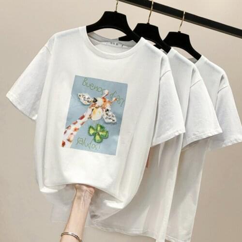 New 2021 Summer Cotton Tops Woman T-shirt Printed Beading Tee Shirt Pink Short Sleeve Tshirt Women Kawaii Clothes Oversized