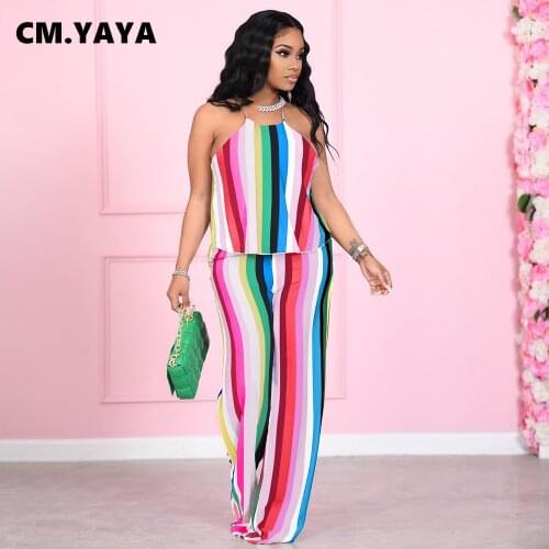 CM.YAYA Women Set Striped Sleeveless Bandage Halter Backless Tops Wide Leg Pants Two 2 Piece Sets Casual Homewear Summer Outfit