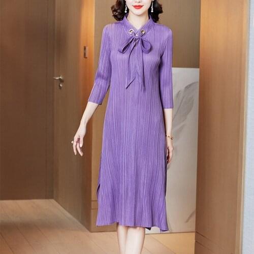 Dress Plus Size For Women 45-80kg 2021 Spring Stand Collar Bow Solid Colour Stretch Loose Miyake Pleated Elegant Classy Dresses