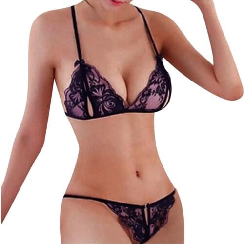 KANCOOLD Women Sexy Transparent T-Word Low Waist Appeal Underwear Temptation Hollow Sexy Push Up Lace Top Bra Thong Set 3 Sets
