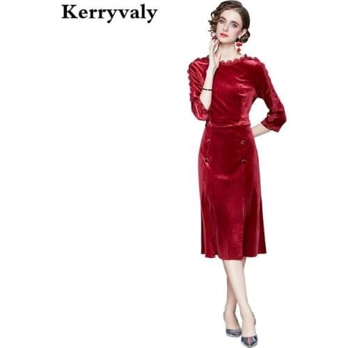 New Spring Women Seven-sleeve Trim Bag Hip Velvet Dress Women Open Fork Harpoon Midi Party Dress Robe Blanche K3656