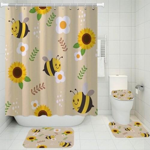 4 Pieces Bee/Tiger/Sea Turtle/Cat/Koala/Deer Shower Curtain Sets Carpet Cover Toilet Cover Home Bathroom Set 3D Print Bath Mat