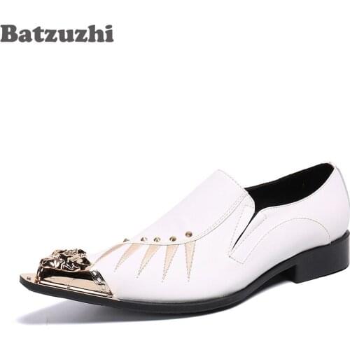 Batzuzhi Luxury Handmade Mens Shoes Gold Metal Toe White Leather Dress Shoes Men Formal Business/Wedding Leather Shoes Zapatos
