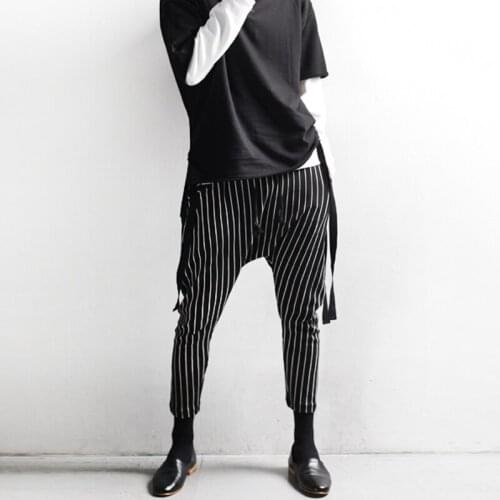 Tide mens spring and summer autumn new Korean version of the cross pants nine points feet pants loose vertical stripes casual h