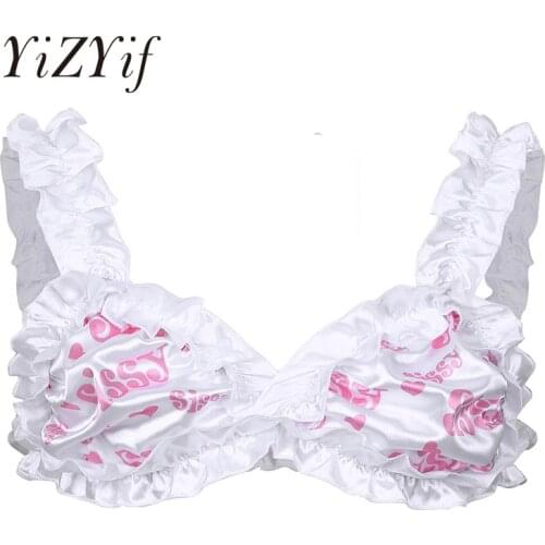 Sissy Mens Bra Top Harness men Satin Bra For Men Lingerie Frilly Ruffled Elastic Wide Shoulder Straps Wire-free Unlined Bra Men