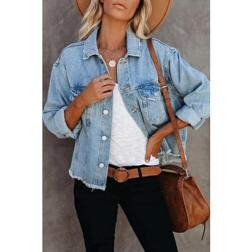 Womens Washed Denim Coat Jacket Slim Ripped Long Sleeve Button Down Loose Boyfriend Jean Jacket Femme Frayed Jackets Outwear