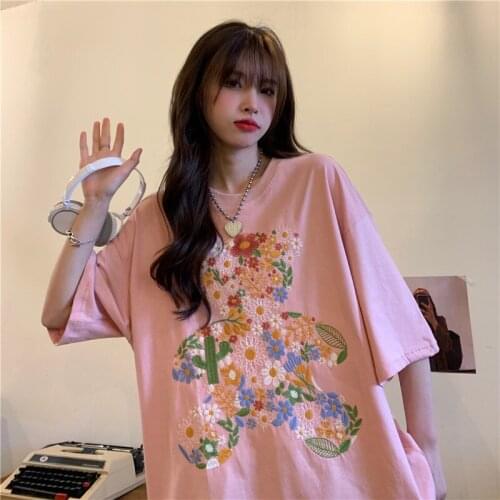 Summer New Korean Version Long Embroidery Bear Short-sleeved T Shirt Harajuku Style Loose T-shirt for Women