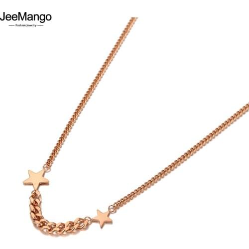 JeeMango Bohemia Rose Gold Double Star Charm Pendant Necklaces For Women Fashion Stainless Steel Link Chain Necklace JN20166