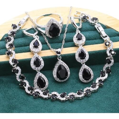 Classic Black Topaz 925 Sterling Silver Jewelry Set for Women Party Bracelet Long Earrings Necklace Ring Wedding Christmas Gift