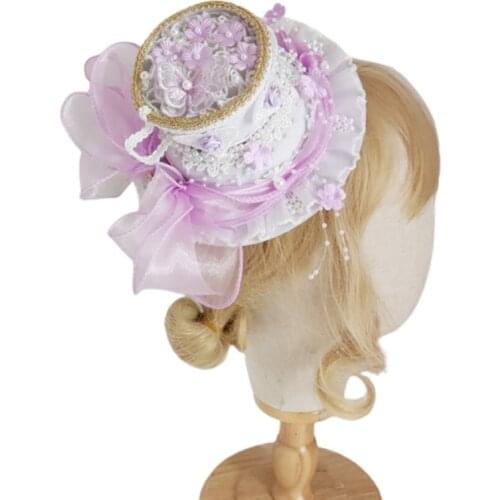 M2EA Lolita Round Top Hat Ruffle Lace Hair Clip Cosplay Headwear Elegant Hat Hairpin Royal Style Anime Hair Accessories