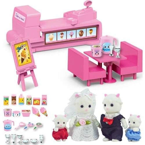 New Forest Family White Sheep Animal Dollhouse 1/12 Miniature Furniture Ice Cream Shop Cake Stand Accessories Toys For Girl Gift