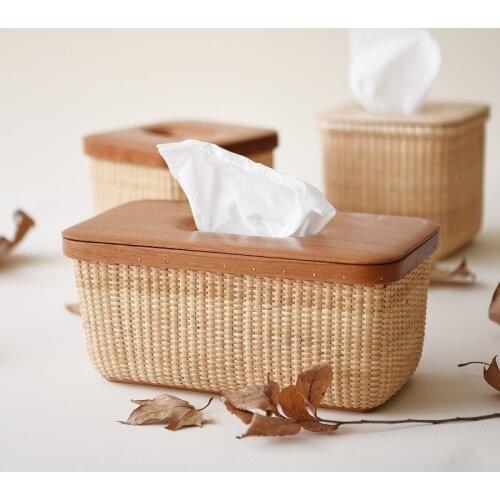Fashion Rattan tissue box Pastoral style handmade square rattan wooden cover tissue box tissue paper packaging