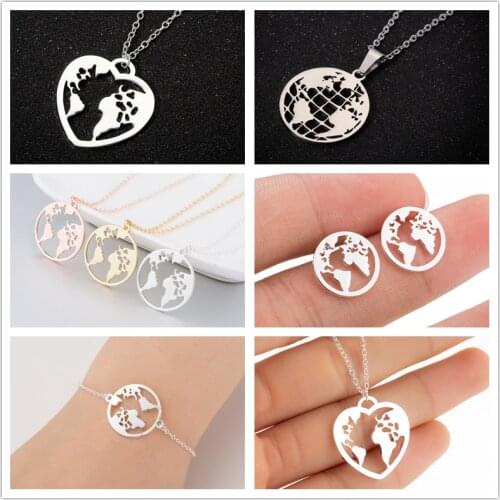 Oly2u Joyas De Moda Handmade Stainless Globe Earth World Map Pendant Necklaces for Women Mode Femme 2019