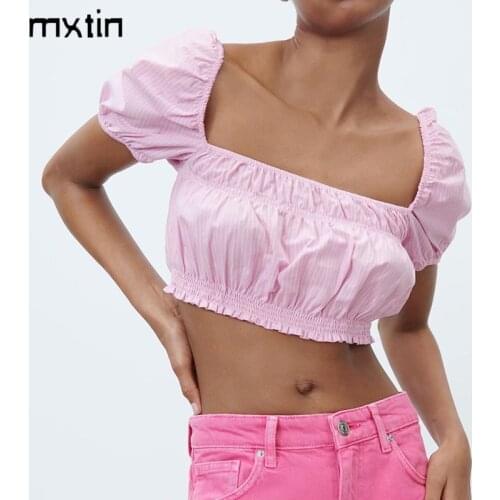 MXTIN 2021 Women Summer Vintage Pink Cropped Blouses Sweet Square Collar Puff Sleeves Elastic Bust Female Shirts Blusas Cute Top
