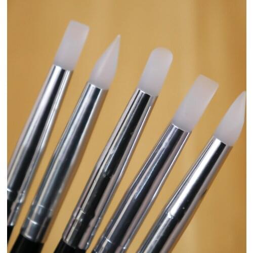 5Pcs Nail Art Sculpture Carving Pen Kit Silicone Head Wooden & Metal handle Painting Brushes for 3D Effect Shaping Drawing Tools