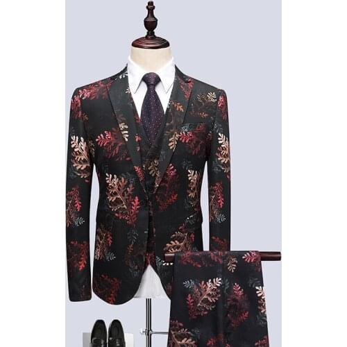Vip Men 2021 New Flowers Korean Slim Three-piece Tide Male Fancy Suit Host Show Dress Groom/ Jacket Pants Vest Oversized 6XL