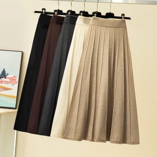 2021 autumn winter new Korean casual hole striped a-line skirt Womens mid-length warm elegant pleated knitted skirt womens