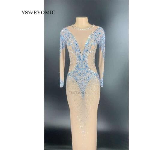 New Style Silver Blue Rhinestones Transparent Long and short Dress Bar Birthday Outfit Prom Party Dress Women Dancer Show Dress
