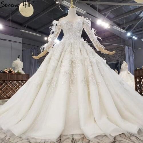 Serene Hill Dubai Ivory Long Sleeves Luxury Wedding Dress 2020 Feathers Flowers O-Neck Bridal Gown Custom Made CHX0234