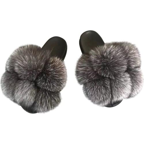 Pom Pom Fur Slippers For Women Fluffy Real Fox Fur Slides Furry Raccoon Fur Sandals Ladies Cute Fur Ball Flip Flops Rainbow Shoe