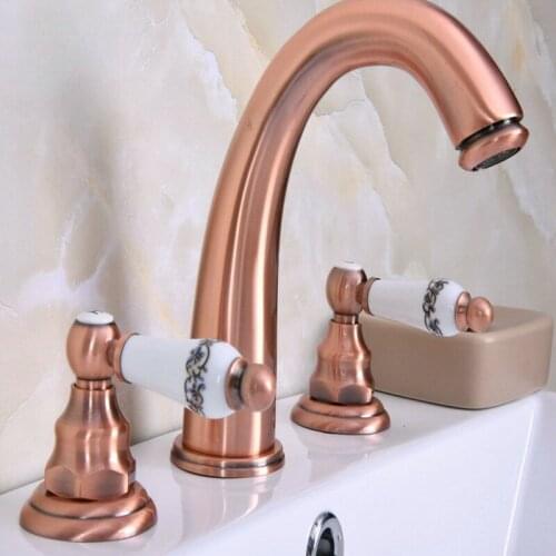Deck Mounted 3 Holes Bath Tub Mixer Tap Vintage Retro Antique Red Copper Brass Widespread 2 Handles bathroom basin Faucet arg062