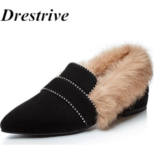 Drestrive Women Pumps Kid Suede Rabbit Fur Low Heels 2 cm Pointed Toe Female Winter Shoes Black Slip On Girls Casual Shoes