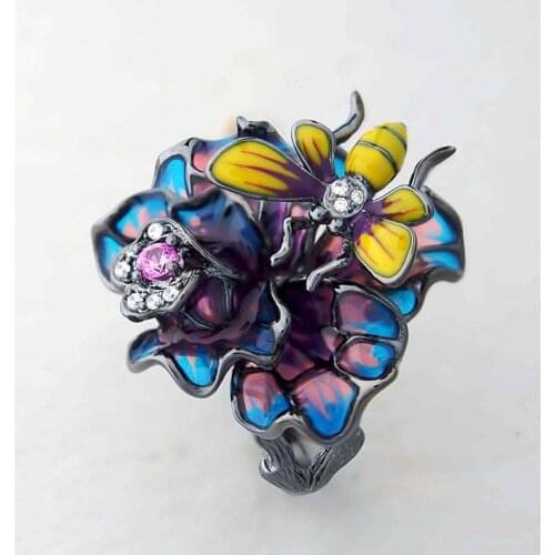 Vintage jewelry garden bee enamel color drip ring American tree rattan insect butterfly black gold zicron party ring