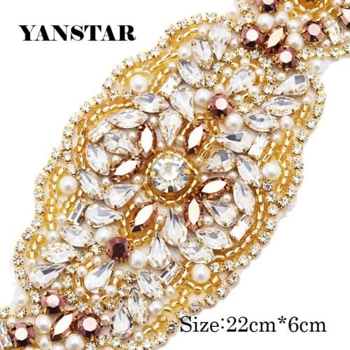YANSTAR (5pcs) Hand Bridal Sash Rhinestones Appliques Accessory Clear Gold Crystal Sew On For Wedding Dress Belt YS989