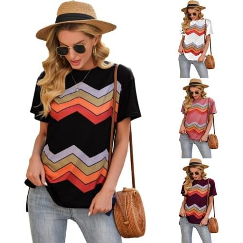 Spring Summer New Womens Blouse Striped Print Round Neck Short Sleeves T-shirts