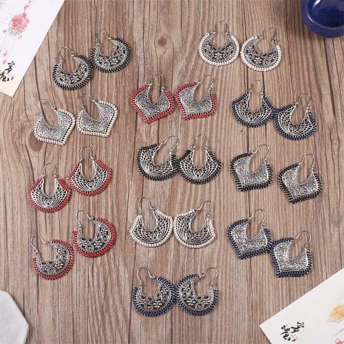 HC Vintage Silver Color Hollowed Metal Earrings Antique Flower Carved Women Dangle Drop Earrings Bohemian Geometric Jewelry F