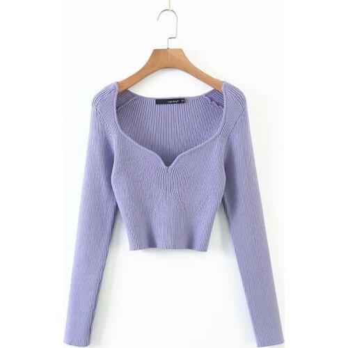 2021 Autumn Winter Short Square Collar Thin Knitted Pullover Sweaters Loose V Neck Long Sleeve Women New Fashion